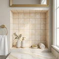 Durango / Paredon (Mexican) - Cross Cut Durango Travertine 4x4 Filled & Honed Travertine Tile — Bathroom niche