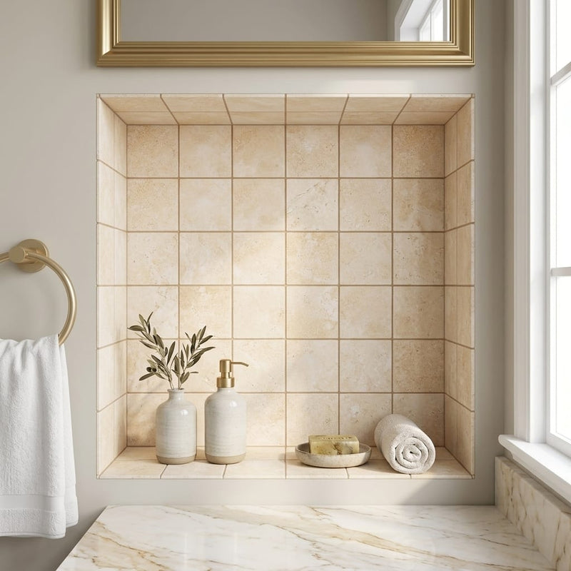 Durango / Paredon (Mexican) - Cross Cut Durango Travertine 4x4 Filled & Honed Travertine Tile — Bathroom niche