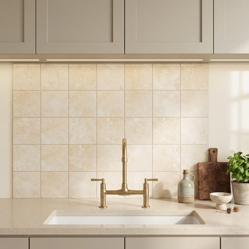 Durango / Paredon (Mexican) - Cross Cut Durango Travertine 4x4 Filled & Honed Travertine Tile — Kitchen backsplash