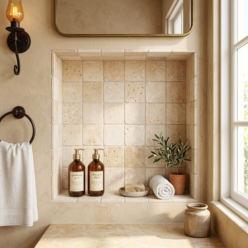 Durango / Paredon (Mexican) - Cross Cut Durango Travertine 4x4 Tumbled Travertine Tile — Bathroom niche