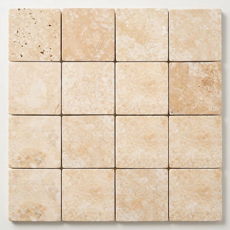 Durango / Paredon (Mexican) - Cross Cut Durango Travertine 4x4 Tumbled Travertine Tile close-up