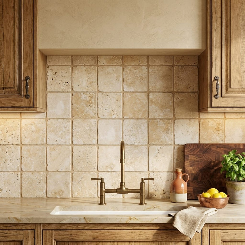 Durango / Paredon (Mexican) - Cross Cut Durango Travertine 4x4 Tumbled Travertine Tile — Kitchen backsplash