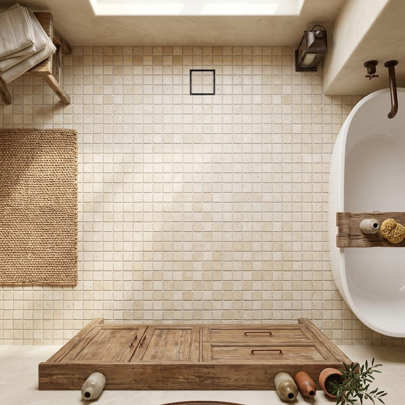 Durango / Paredon (Mexican) - Cross Cut Durango Travertine 5/8x5/8 Tumbled Travertine Mosaic — Bathroom floor