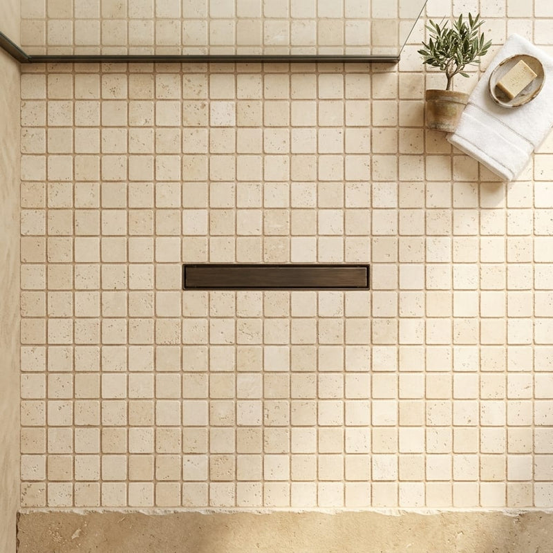 Durango / Paredon (Mexican) - Cross Cut Durango Travertine 5/8x5/8 Tumbled Travertine Mosaic — Bathroom shower floor