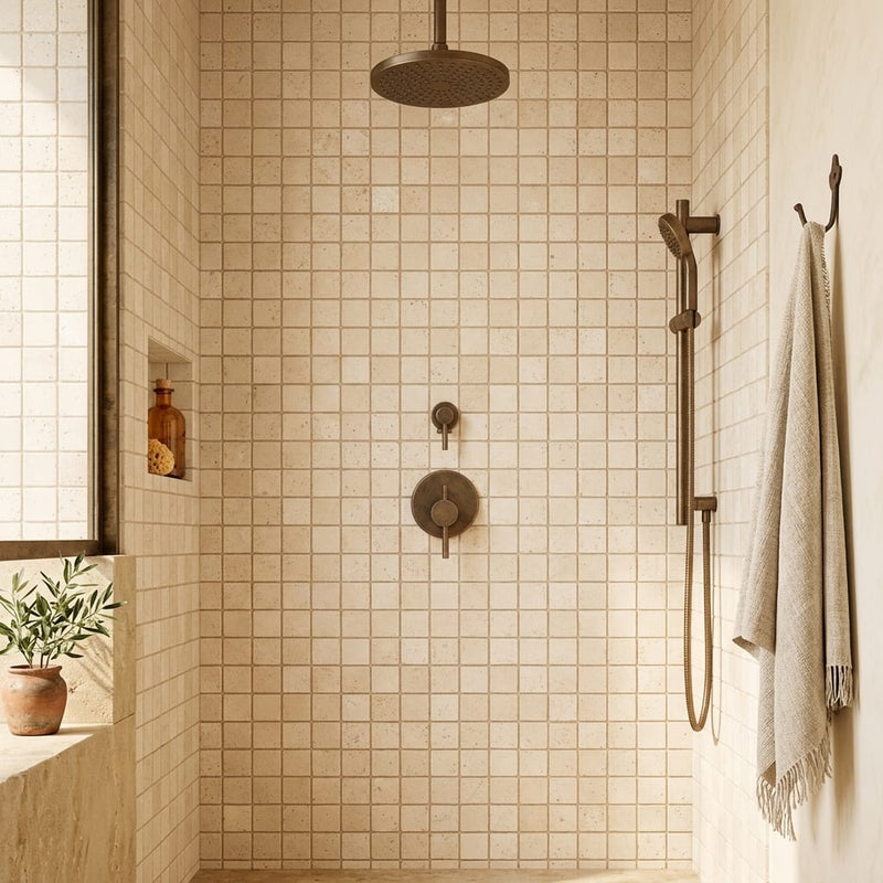 Durango / Paredon (Mexican) - Cross Cut Durango Travertine 5/8x5/8 Tumbled Travertine Mosaic — Bathroom shower wall
