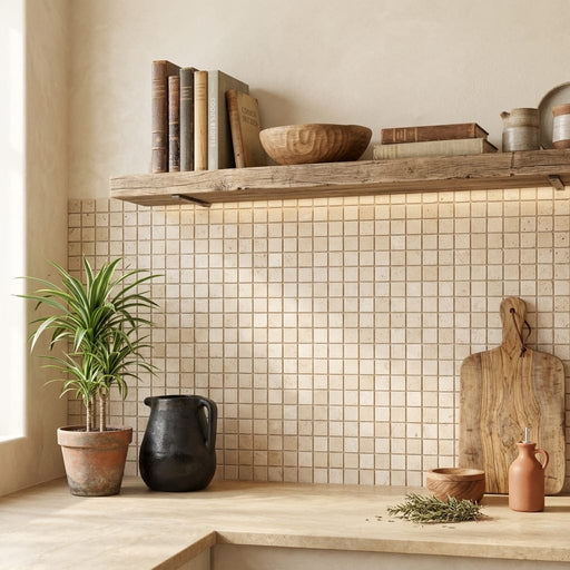 Durango / Paredon (Mexican) - Cross Cut Durango Travertine 5/8x5/8 Tumbled Travertine Mosaic — Kitchen backsplash