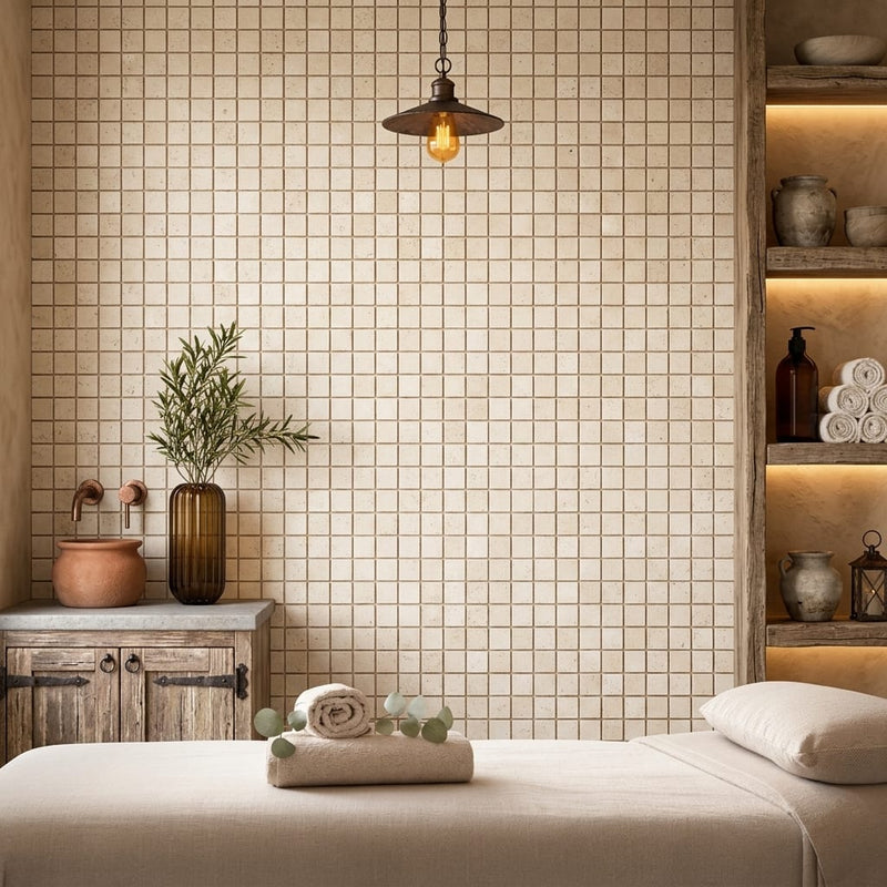 Durango / Paredon (Mexican) - Cross Cut Durango Travertine 5/8x5/8 Tumbled Travertine Mosaic — Spa spa interior
