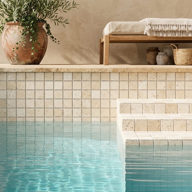 Durango / Paredon (Mexican) - Cross Cut Durango Travertine 5/8x5/8 Tumbled Travertine Mosaic — Swimming Pool pool interior tiling