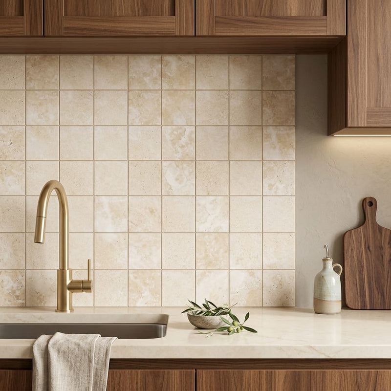 Durango / Paredon (Mexican) - Cross Cut Durango Travertine 6x6 Filled & Honed Travertine Tile — Kitchen backsplash