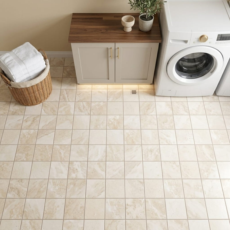 Durango / Paredon (Mexican) - Cross Cut Durango Travertine 6x6 Filled & Honed Travertine Tile — Laundry Room floor