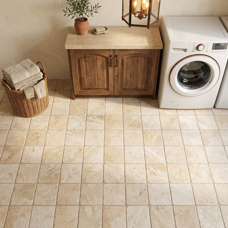 Durango / Paredon (Mexican) - Cross Cut Durango Travertine 6x6 Tumbled Travertine Tile — Laundry Room floor
