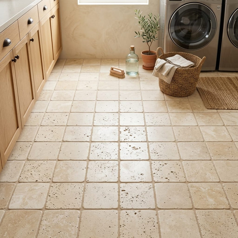 Durango / Paredon (Mexican) - Cross Cut Durango Travertine 8x8 Tumbled Travertine Tile — Laundry Room floor