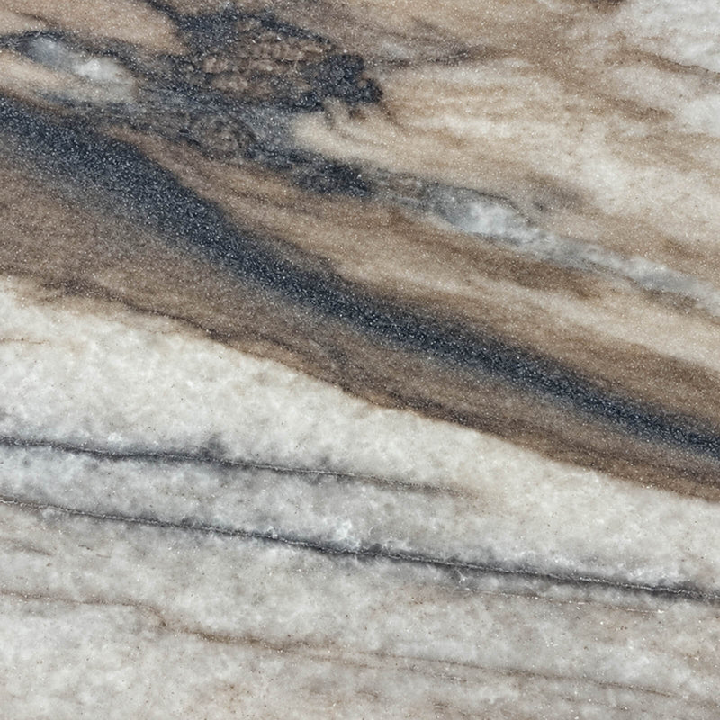 Ebano polished quartzite slab close-up with diagonal taupe, gray and charcoal bands and fine crystalline texture.