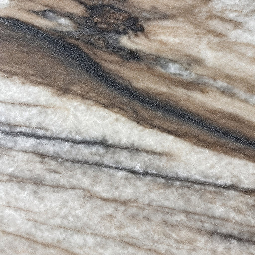 Ebano quartzite with broad brown and charcoal bands across a light gray surface.