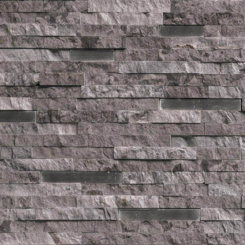 Eclipse interlocking mosaic tile featuring textured grey stone strips and smooth charcoal metallic accents, arranged in staggered horizontal rows with varied lengths and natural tonal variation.