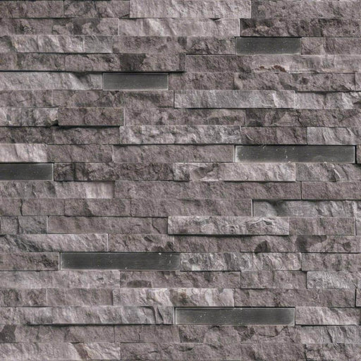Eclipse interlocking mosaic tile featuring textured grey stone strips and smooth charcoal metallic accents, arranged in staggered horizontal rows with varied lengths and natural tonal variation.