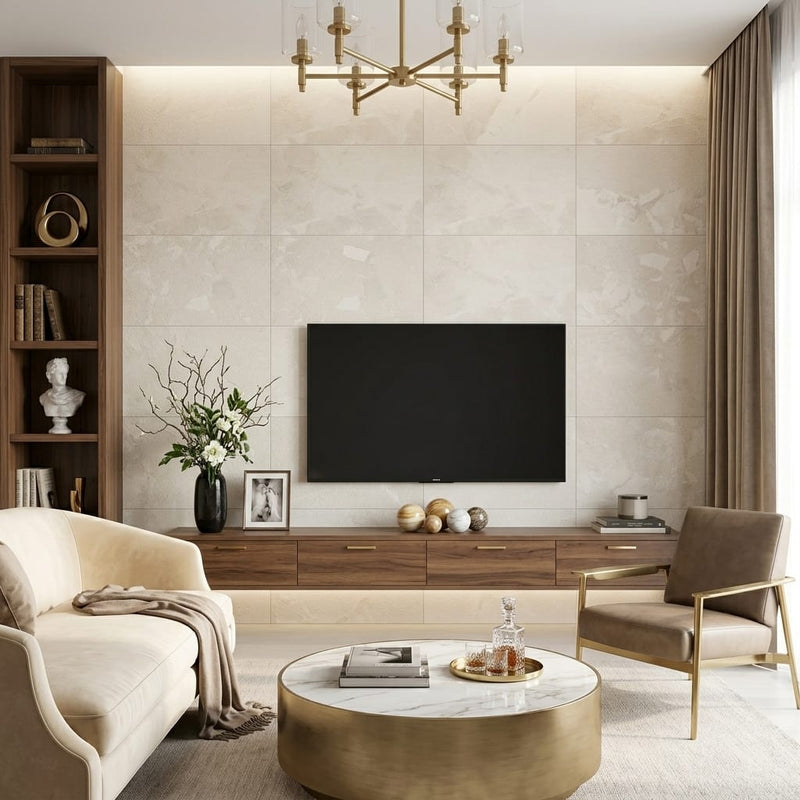 Ege Royale 18x36 Sandblasted Marble Tile — Living Room feature wall