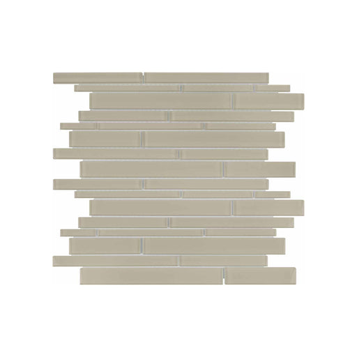 12-by-12-inch sheet of Earth-colored glass mosaics arranged in rectangular random-width strips.