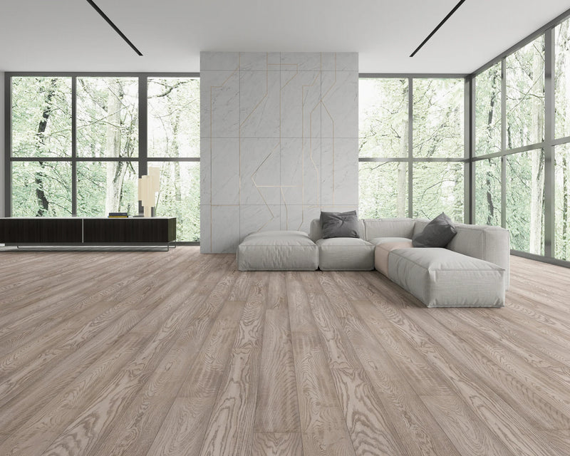Elysian Ethereal Grey 7-1/2 in x Random Length (24 in - 75 in) Plank Wirebrushed, Urethane Engineered Oak Hardwood Flooring