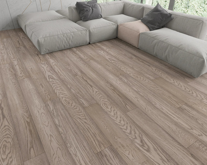 Elysian Ethereal Grey 7-1/2 in x Random Length (24 in - 75 in) Plank Wirebrushed, Urethane Engineered Oak Hardwood Flooring