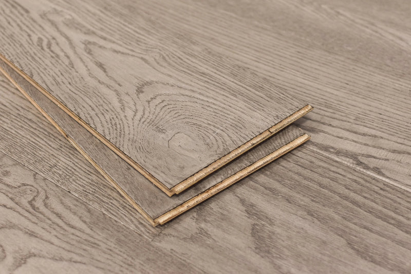 Elysian Ethereal Grey 7-1/2 in x Random Length (24 in - 75 in) Plank Wirebrushed, Urethane Engineered Oak Hardwood Flooring