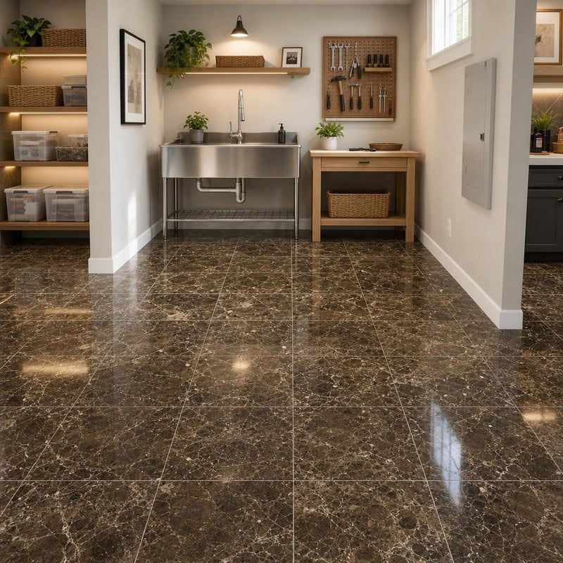 Emperador Dark 12x12 Select Polished Marble Tile — Basement floor