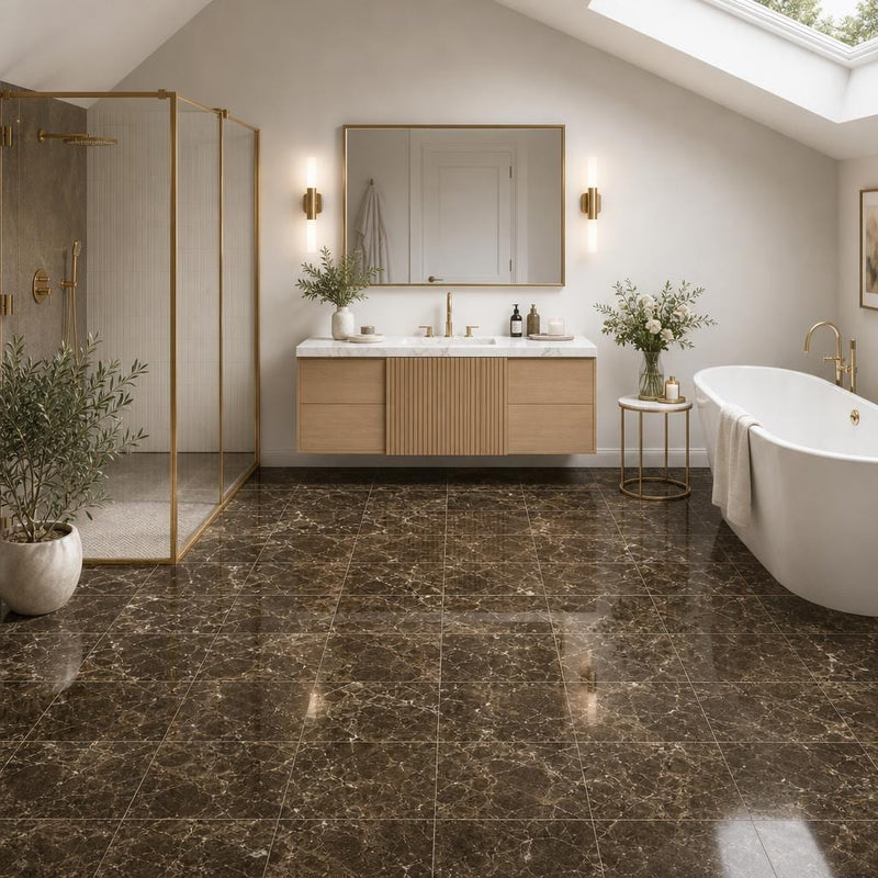 Emperador Dark 12x12 Select Polished Marble Tile — Bathroom floor