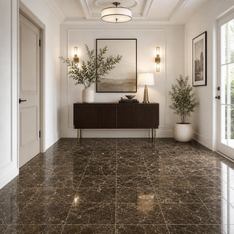 Emperador Dark 12x12 Select Polished Marble Tile — Hallway floor