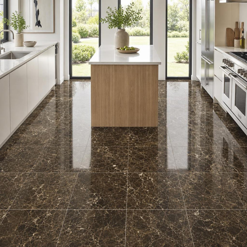 Emperador Dark 12x12 Select Polished Marble Tile — Kitchen floor