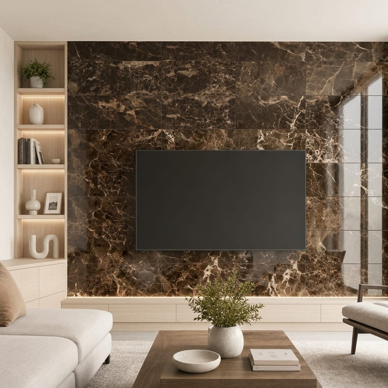 Emperador Dark Marble Tile 12x24 Polished — Living Room feature wall