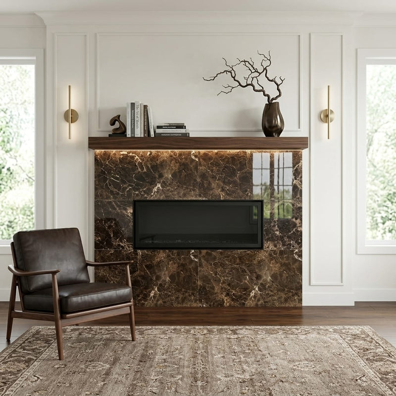 Emperador Dark Marble Tile 12x24 Polished — Living Room fireplace surround