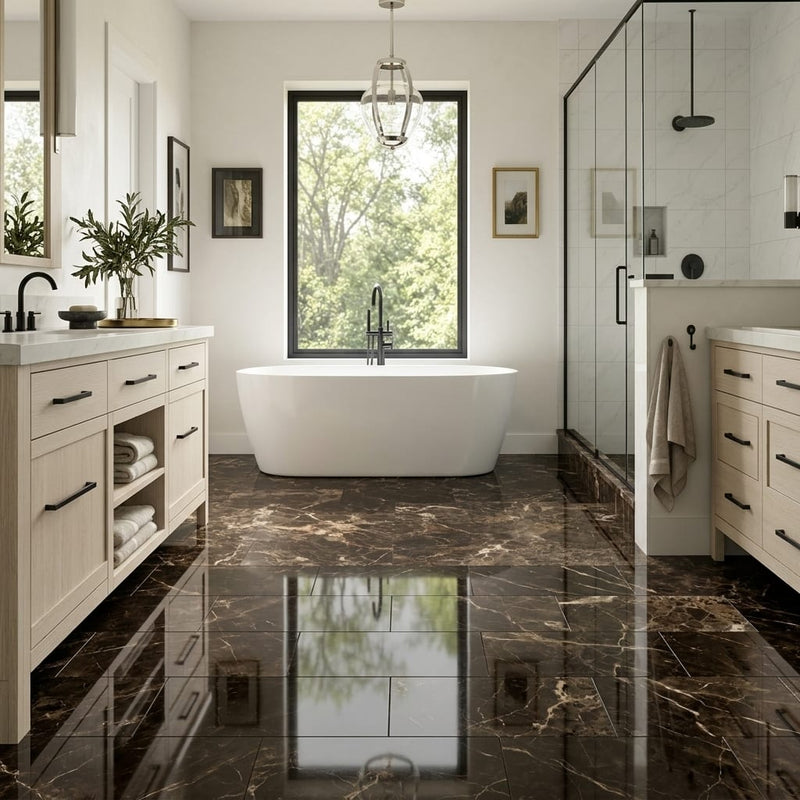 Emperador Dark Marble Tile 12x24 Polished — Primary Bath floor
