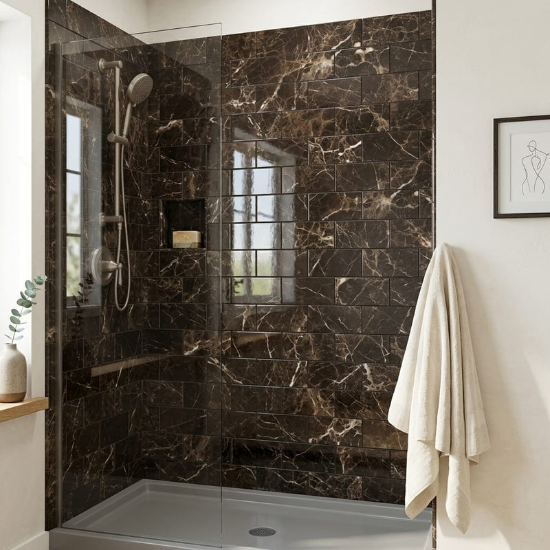 Emperador Dark Marble Tile 3x6 Polished — Bathroom shower wall edge