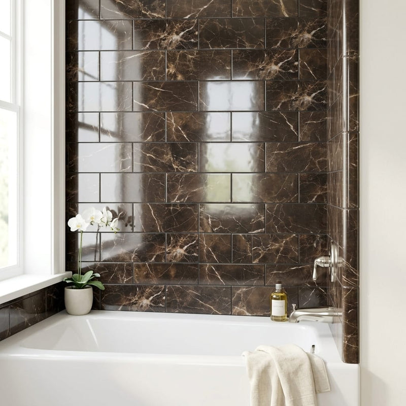 Emperador Dark Marble Tile 3x6 Polished — Bathroom tub surround edge