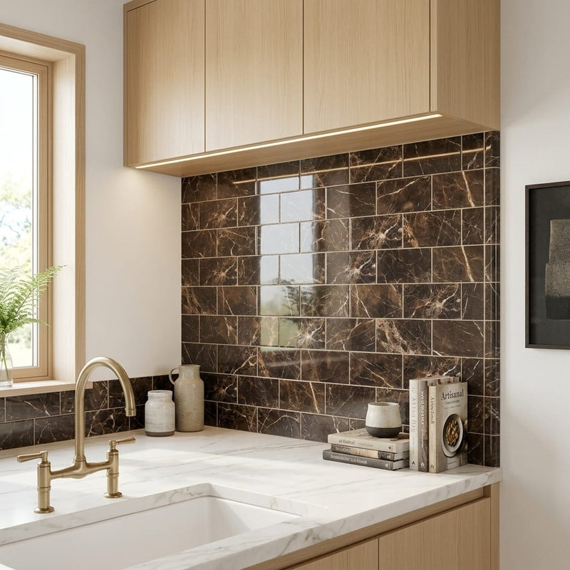 Emperador Dark Marble Tile 3x6 Polished — Kitchen backsplash edge