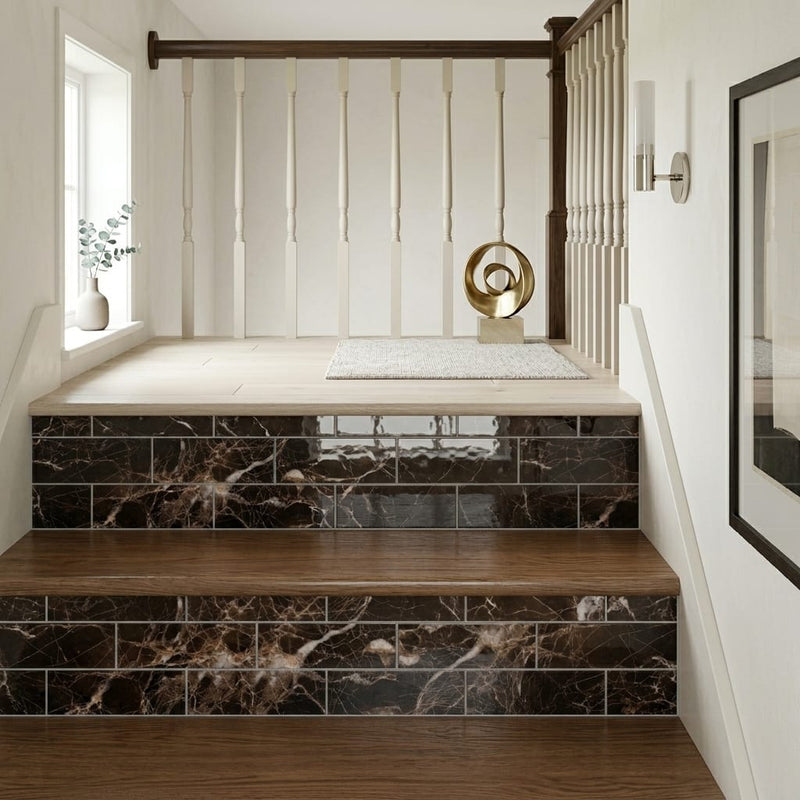 Emperador Dark Marble Tile 3x6 Polished — Stairway stair riser edge