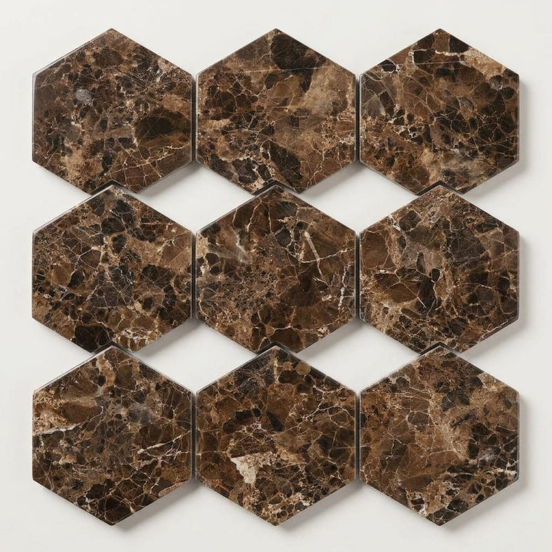 Emperador Dark (Spanish) Marble 1x1 Polished Hexagon Mosaic close-up