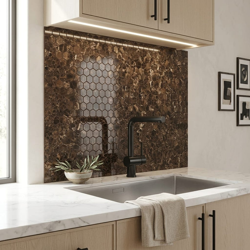 Emperador Dark (Spanish) Marble 1x1 Polished Hexagon Mosaic — Kitchen backsplash