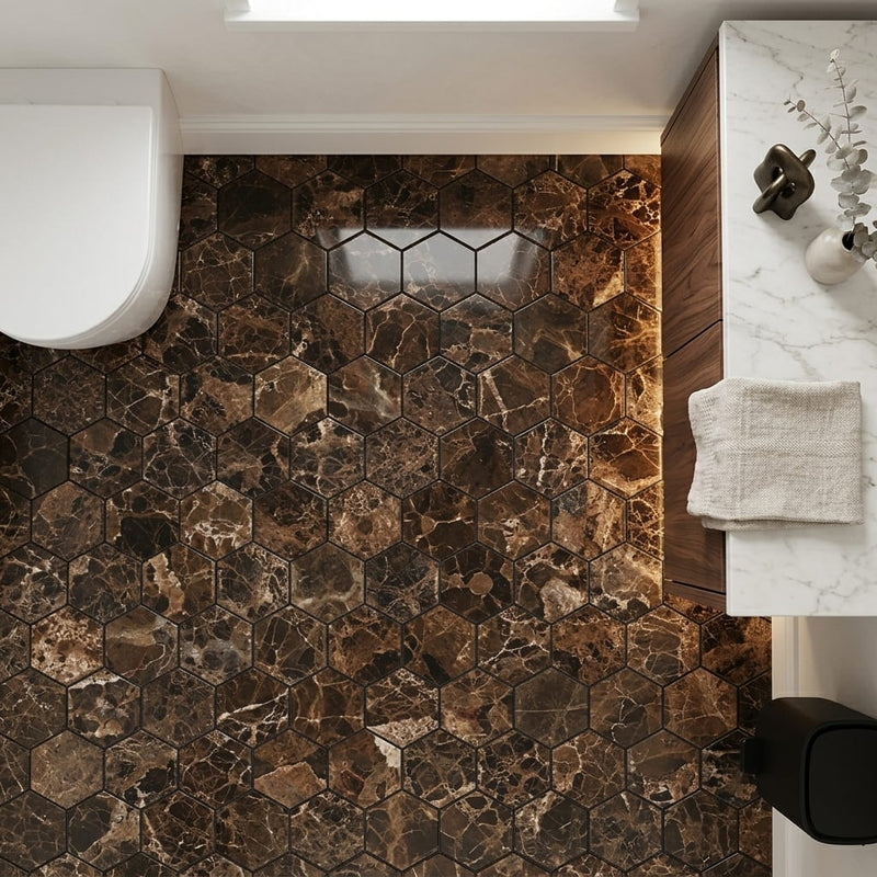 Emperador Dark (Spanish) Marble 1x1 Polished Hexagon Mosaic — Powder Room floor