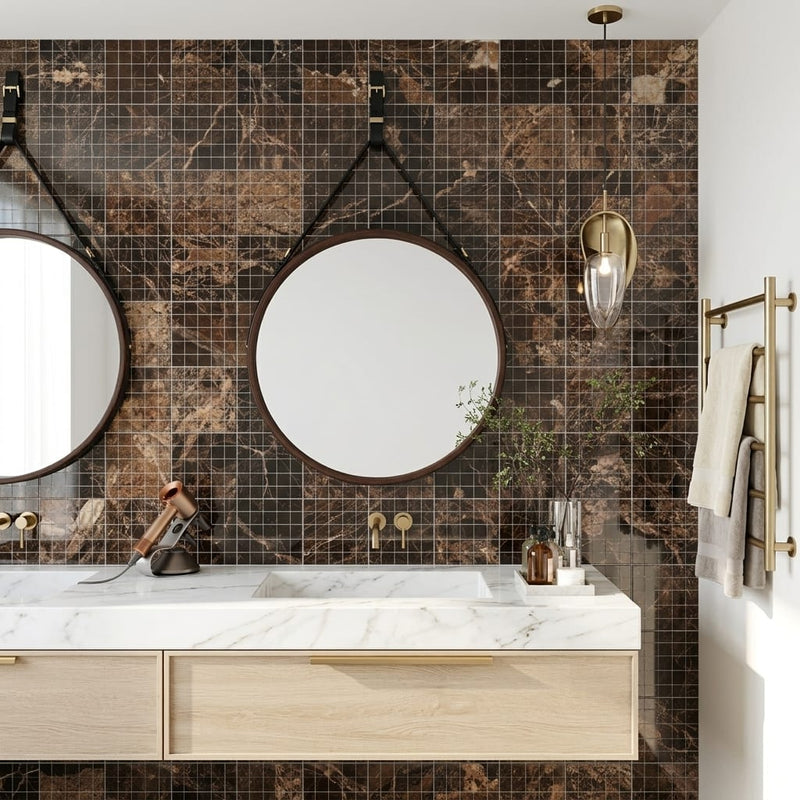 Emperador Dark (Spanish) Marble 1x1 Polished Mosaic — Bathroom shower wall