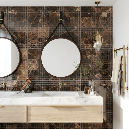 Emperador Dark (Spanish) Marble 1x1 Polished Mosaic — Bathroom shower wall