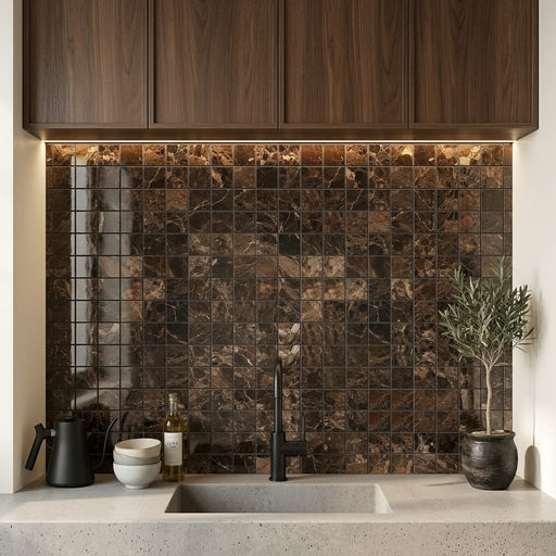 Emperador Dark (Spanish) Marble 1x1 Polished Mosaic — Kitchen backsplash