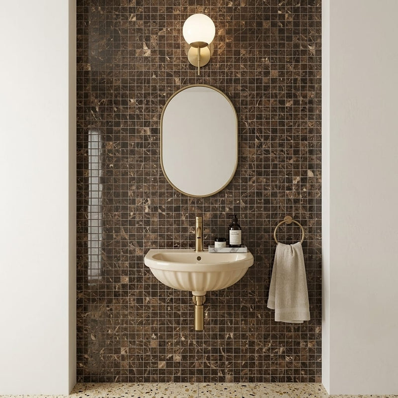 Emperador Dark (Spanish) Marble 1x1 Polished Mosaic — Powder Room wall