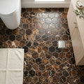 Emperador Dark (Spanish) Marble 1x1 Tumbled Hexagon Mosaic — Bathroom floor