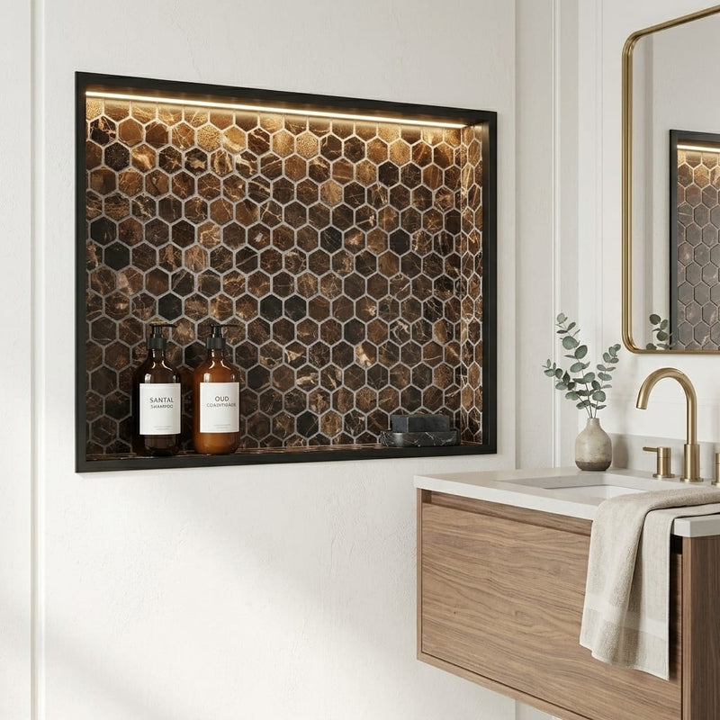 Emperador Dark (Spanish) Marble 1x1 Tumbled Hexagon Mosaic — Bathroom niche