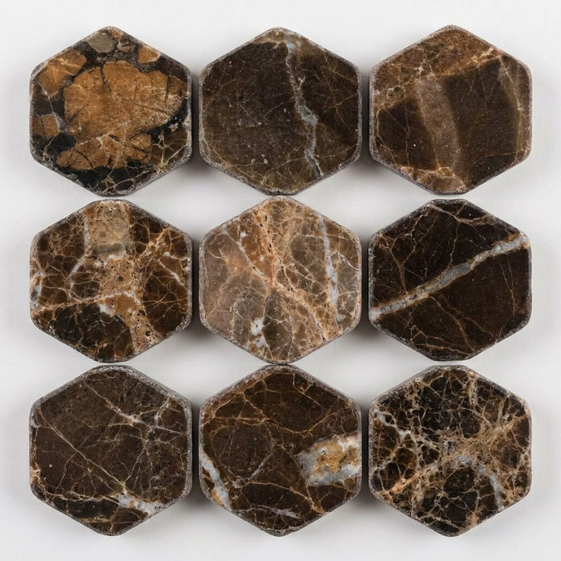 Emperador Dark (Spanish) Marble 1x1 Tumbled Hexagon Mosaic close-up