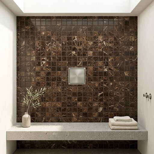 Emperador Dark (Spanish) Marble 1x1 Tumbled Mosaic — Bathroom shower floor