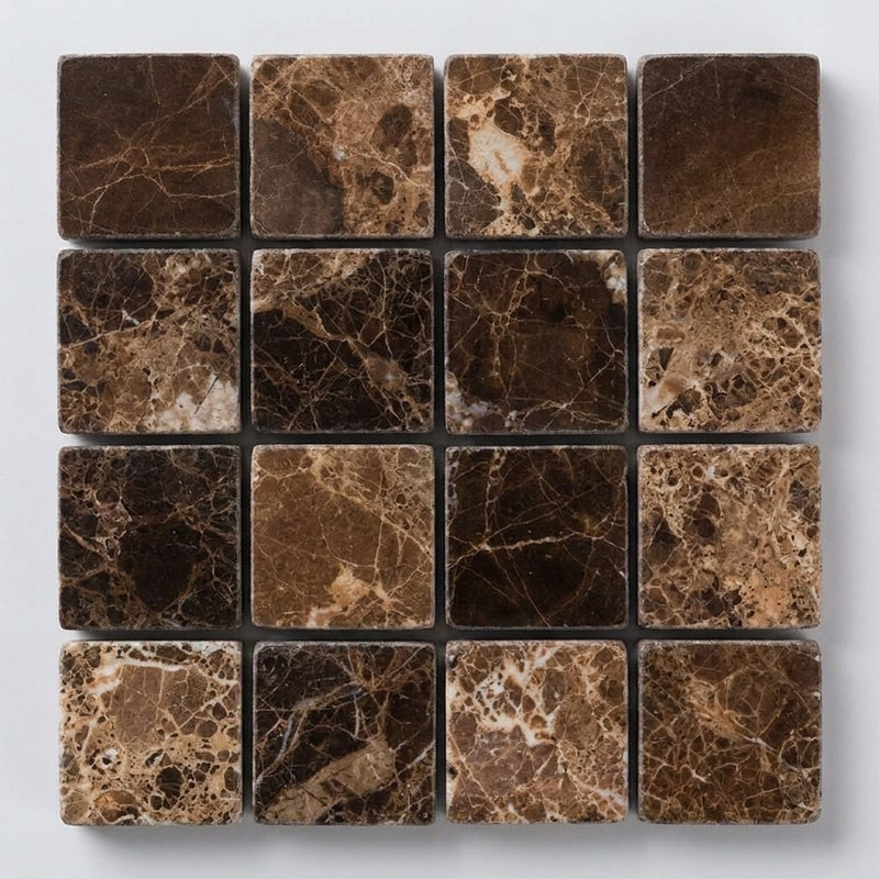 Emperador Dark (Spanish) Marble 1x1 Tumbled Mosaic close-up