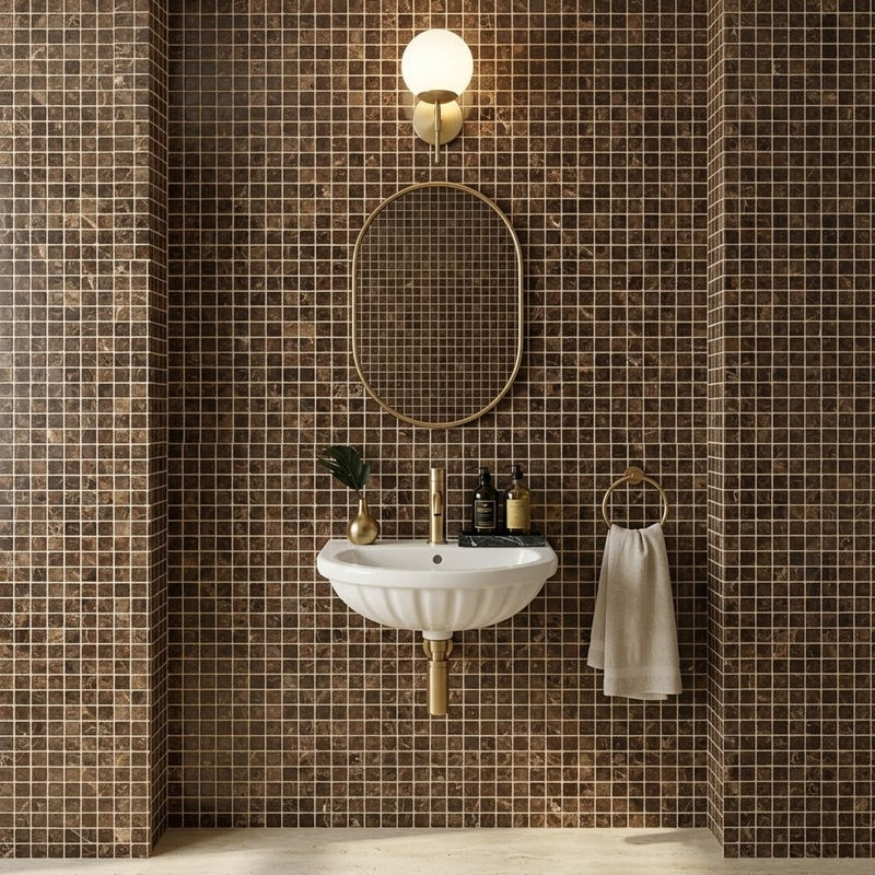 Emperador Dark (Spanish) Marble 1x1 Tumbled Mosaic — Powder Room wall