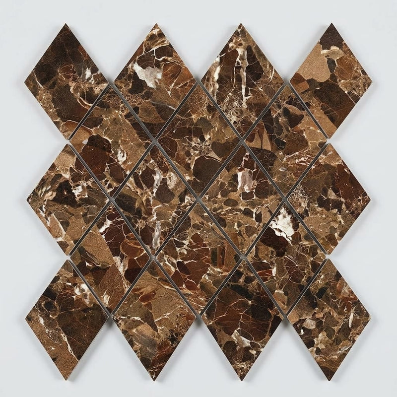 Emperador Dark (Spanish) Marble 1x2 Polished Diamond / Rhomboid Mosaic close-up